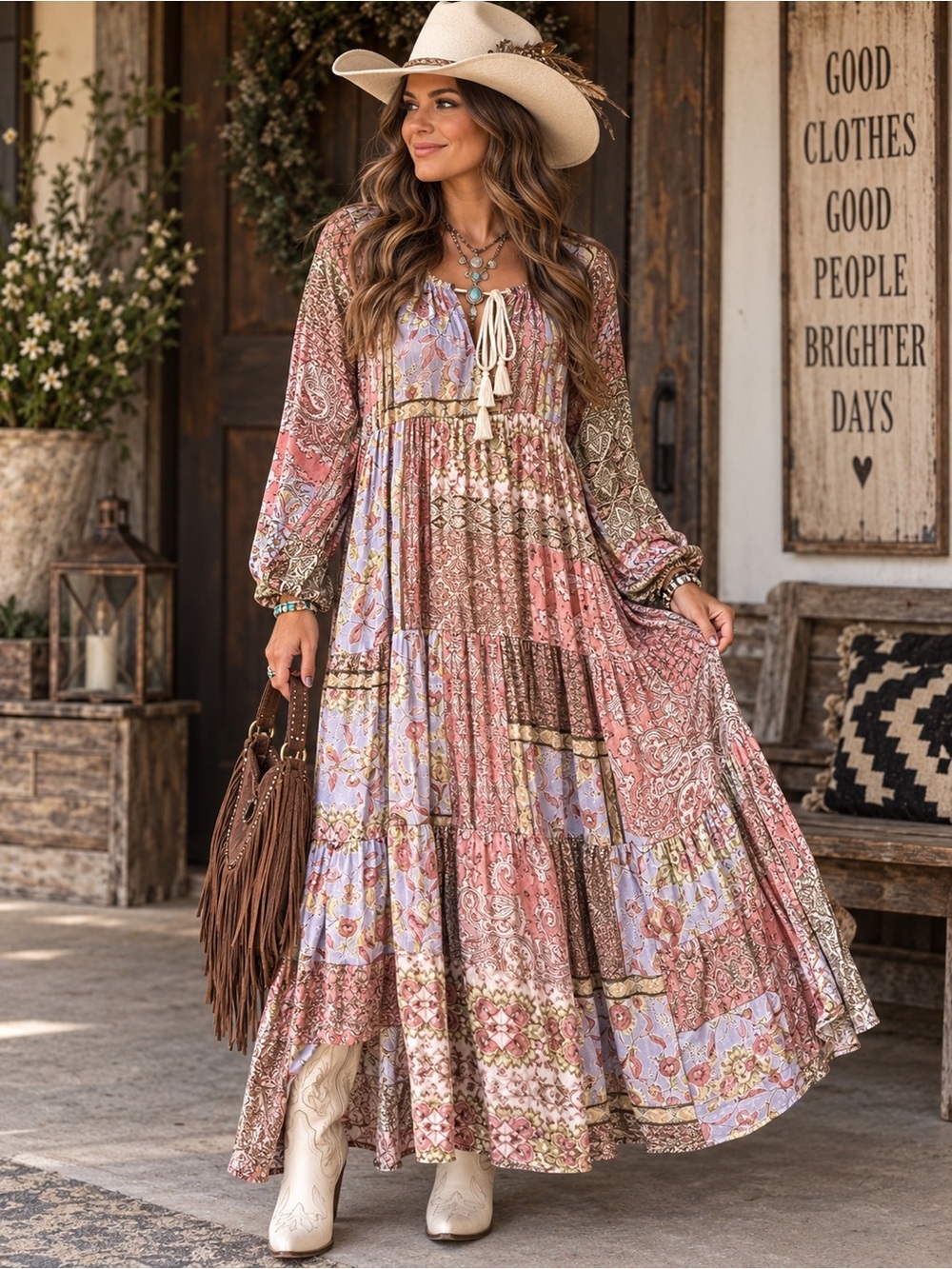 Karlie Patchwork Paisley Boho Maxi Dress Size M Western Prairie